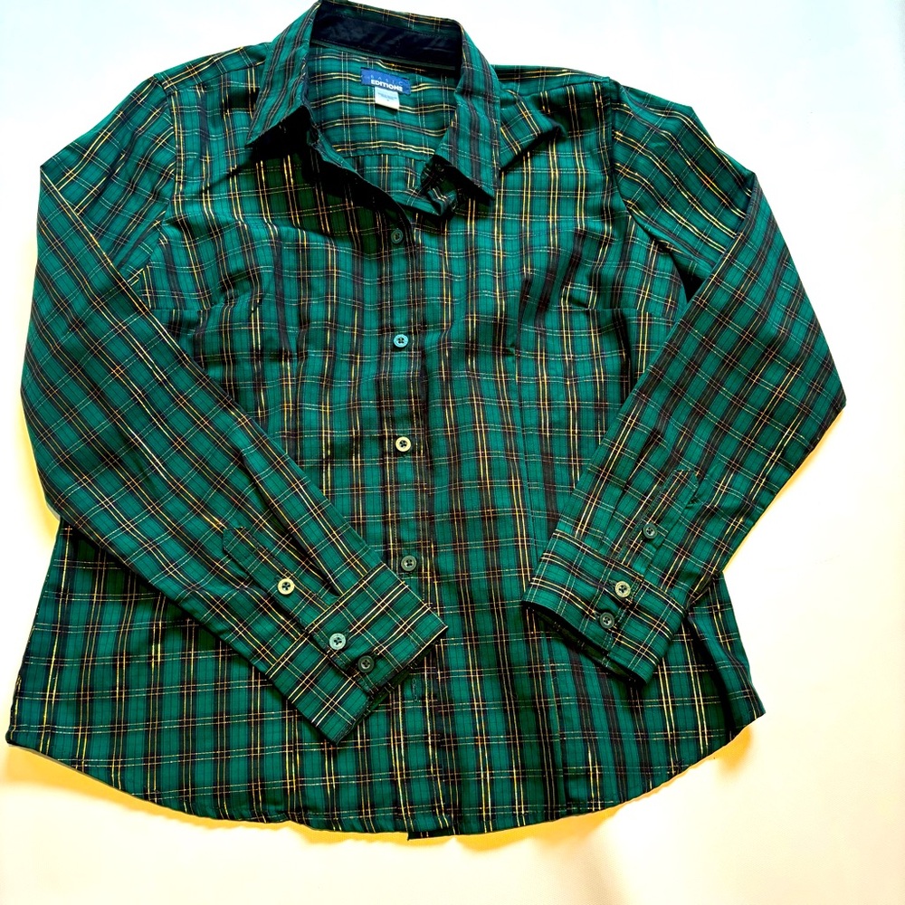 Basic editions Woman Shirt Blouse Green Gold Plaid Christmas Size M